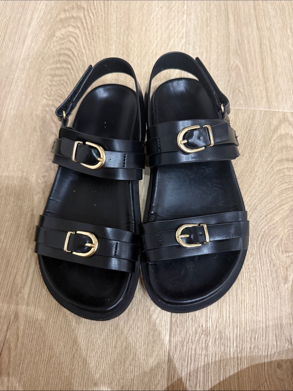 Zara Black Leather Sandals with Gold Buckles